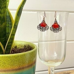 $10 SALE Handmade Red Czech Glass Flower & Copper Earrings 1.5” Boho Floral